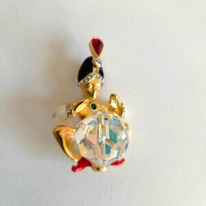 Genie Fortuneteller gold tone brooch with large Aurora Borealis bowl. Ali Baba.